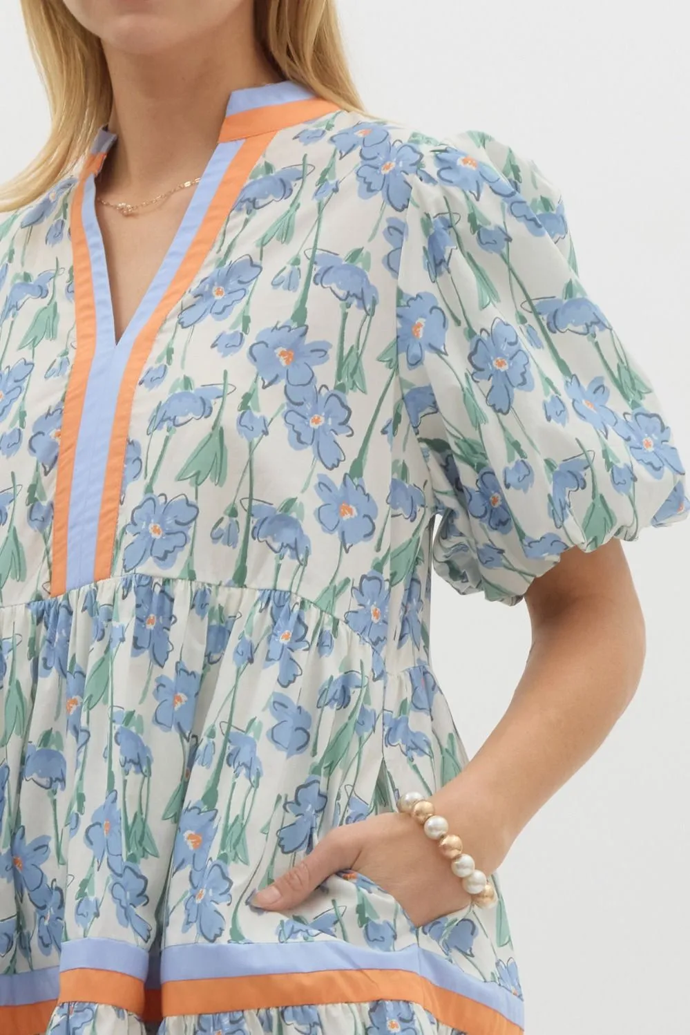 Floral Print Short Bubble Sleeve Pullover Tiered Mini Dress