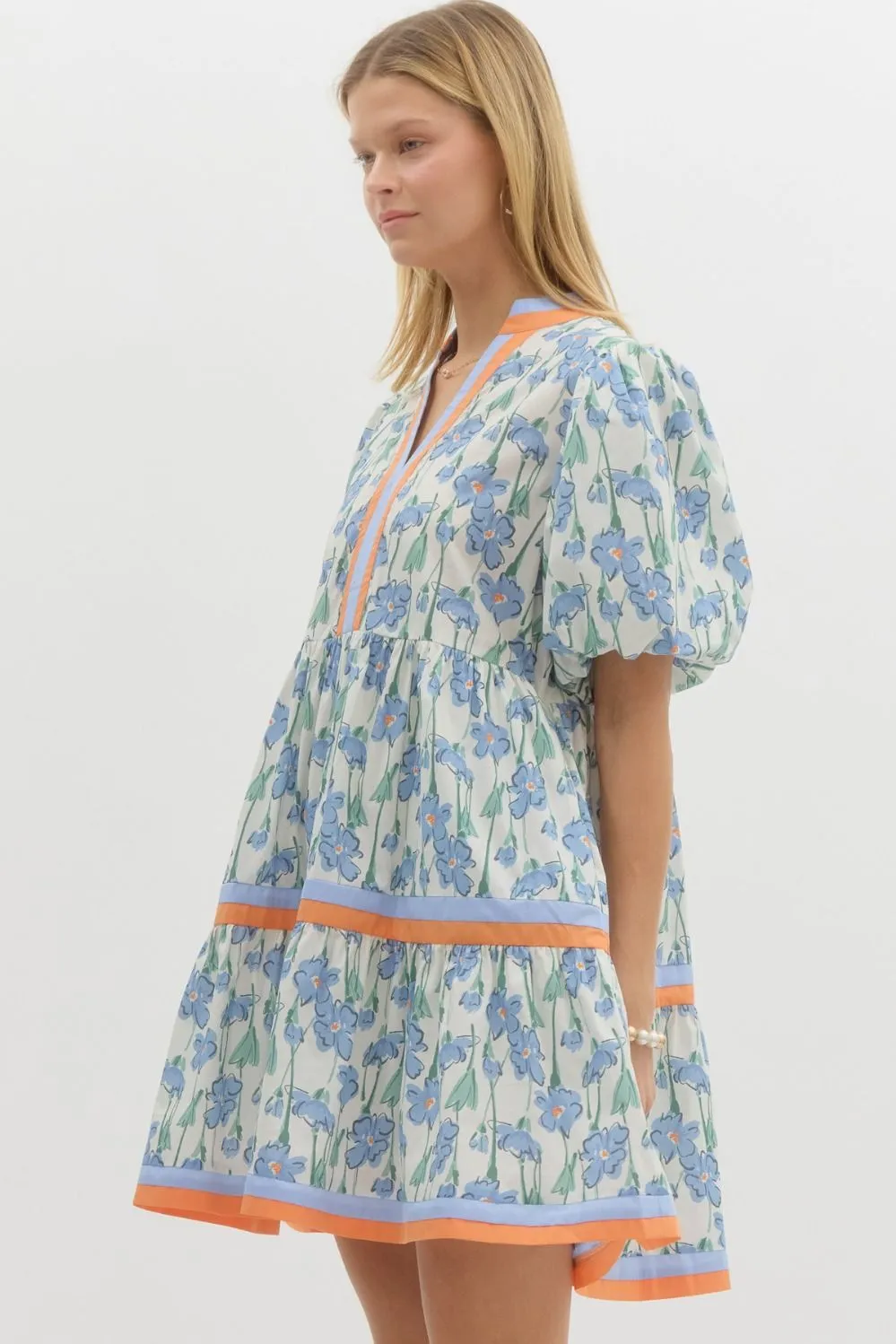 Floral Print Short Bubble Sleeve Pullover Tiered Mini Dress