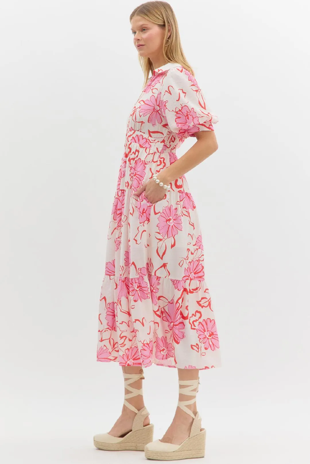 Floral Tiered Midi Dress – Pink & Red on Cream