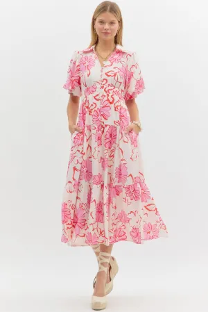 Floral Tiered Midi Dress – Pink & Red on Cream