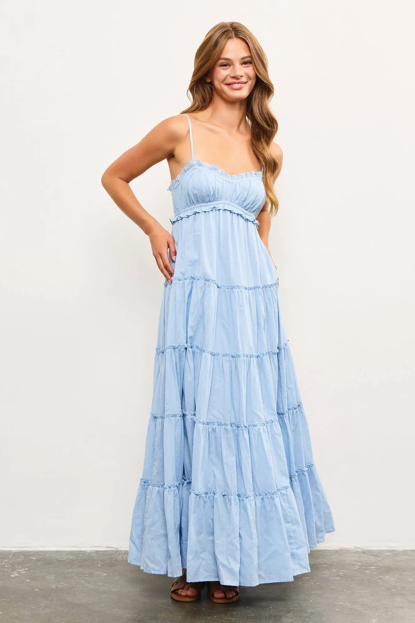 FRONT SHIRRING DETAIL RUFFLE TIERED FRILL SLEEVELESS DRESS