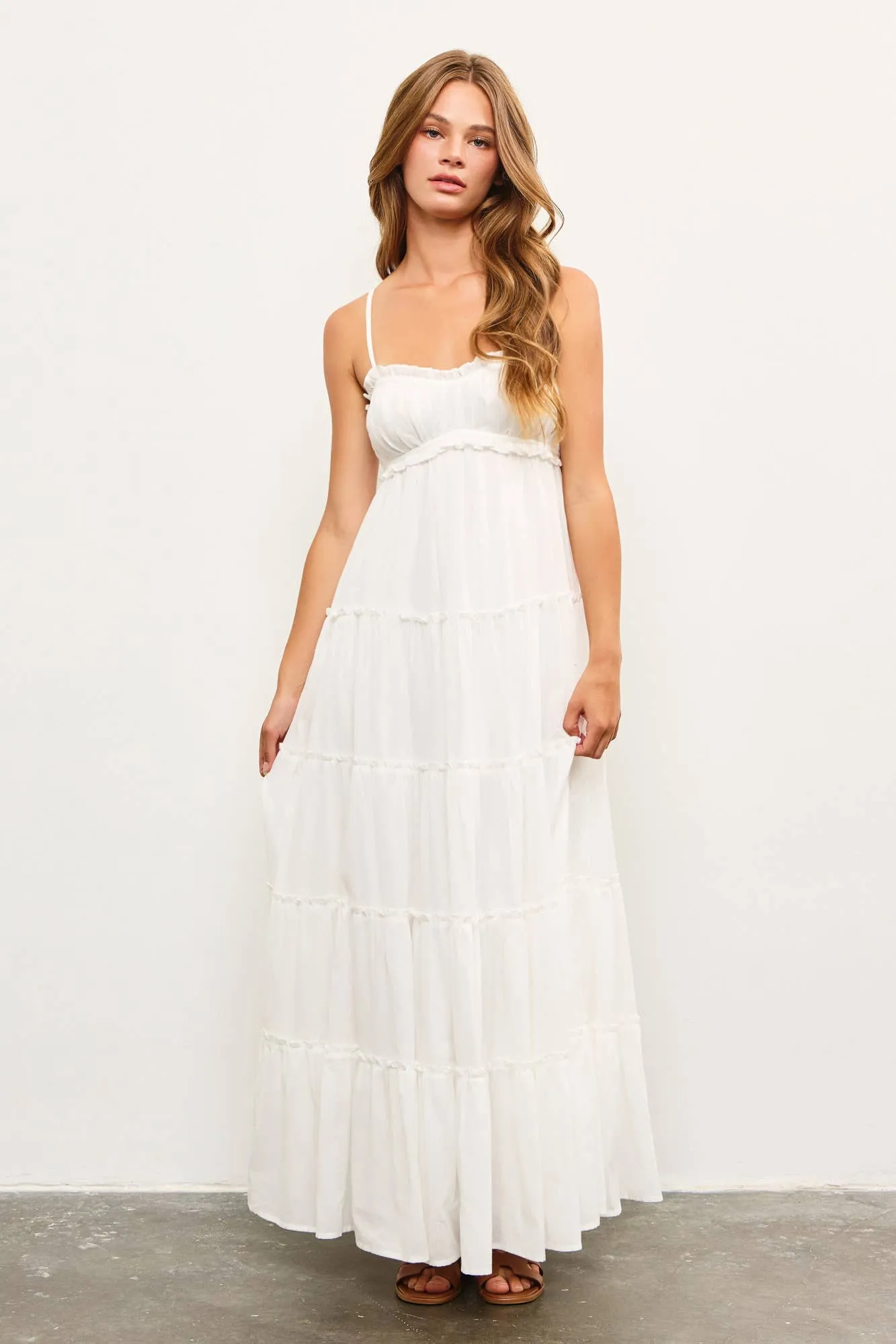 FRONT SHIRRING DETAIL RUFFLE TIERED FRILL SLEEVELESS DRESS