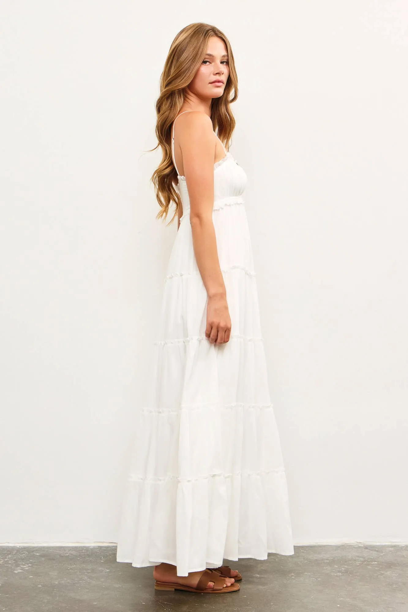 FRONT SHIRRING DETAIL RUFFLE TIERED FRILL SLEEVELESS DRESS