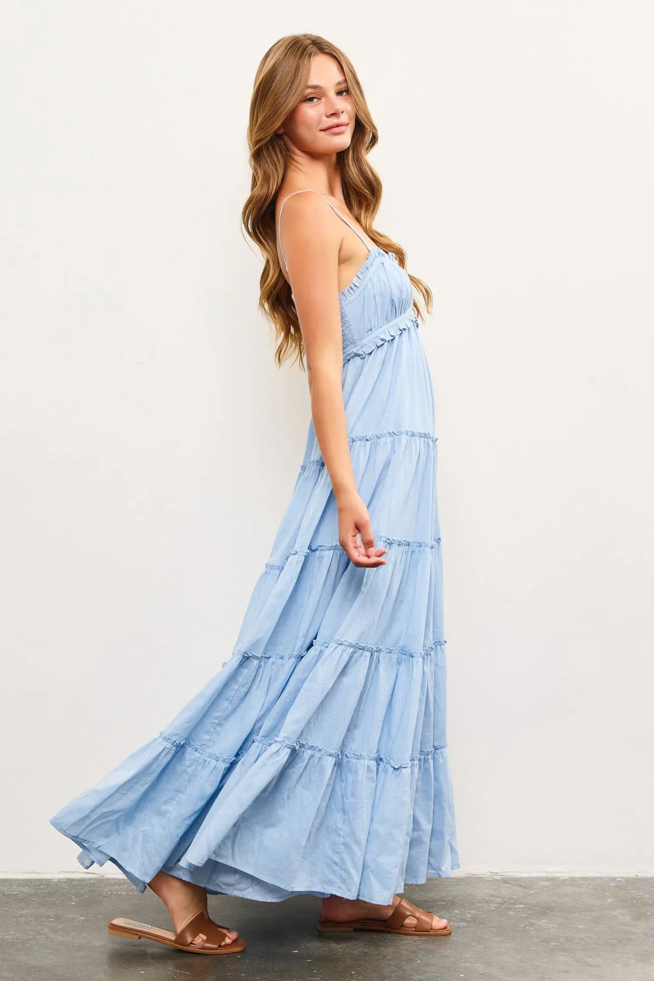 FRONT SHIRRING DETAIL RUFFLE TIERED FRILL SLEEVELESS DRESS