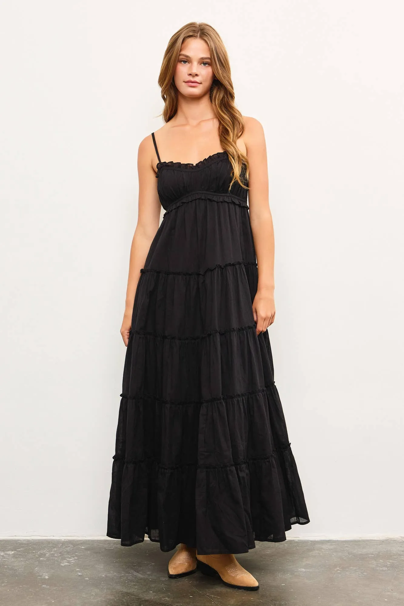 FRONT SHIRRING DETAIL RUFFLE TIERED FRILL SLEEVELESS DRESS