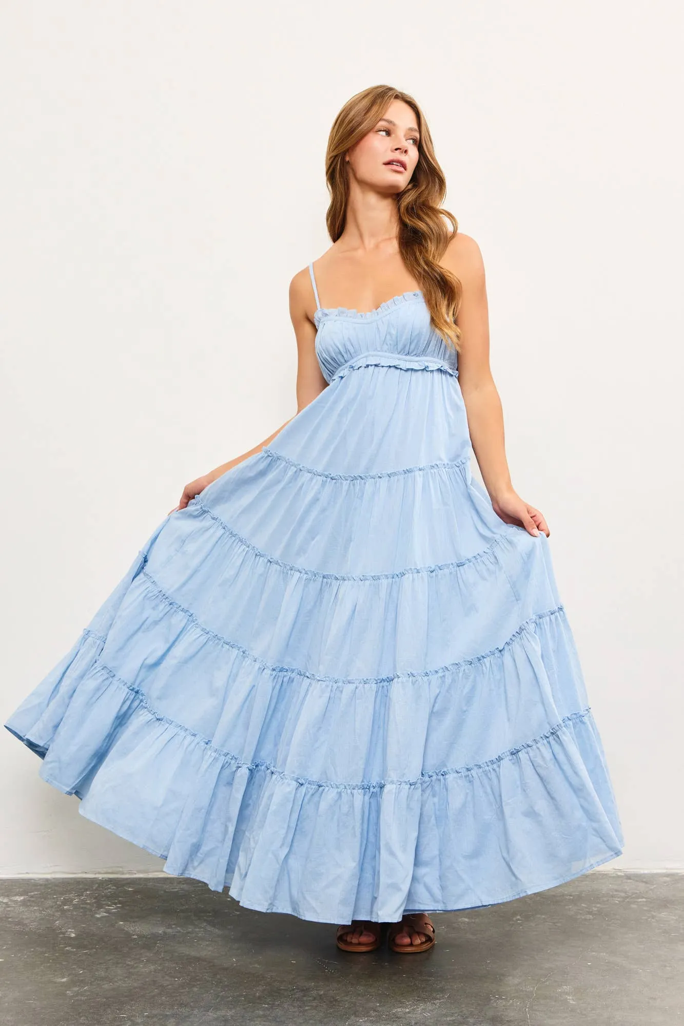 FRONT SHIRRING DETAIL RUFFLE TIERED FRILL SLEEVELESS DRESS