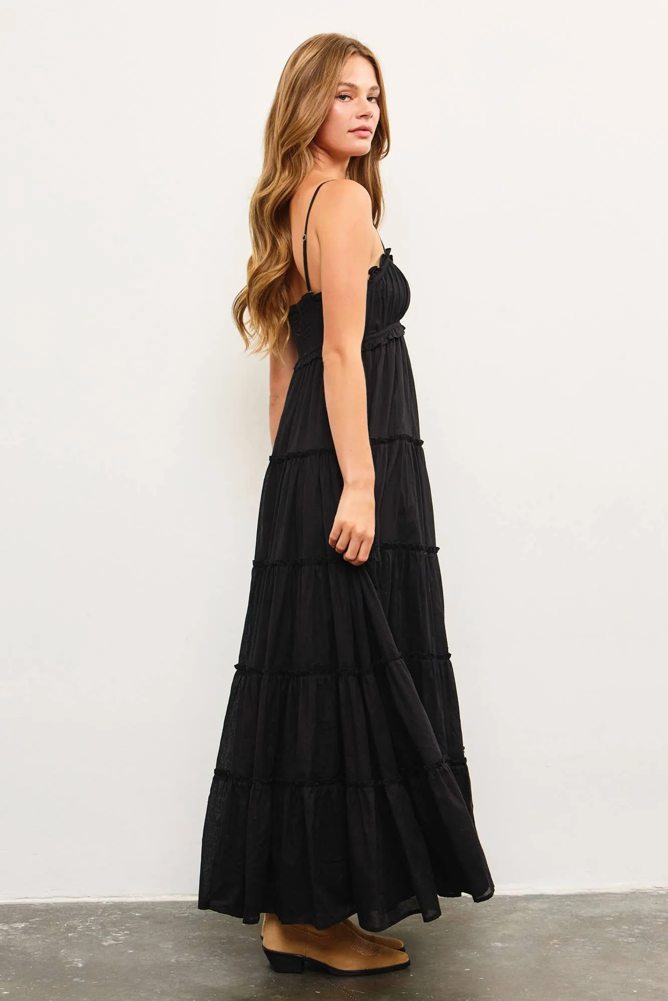 FRONT SHIRRING DETAIL RUFFLE TIERED FRILL SLEEVELESS DRESS