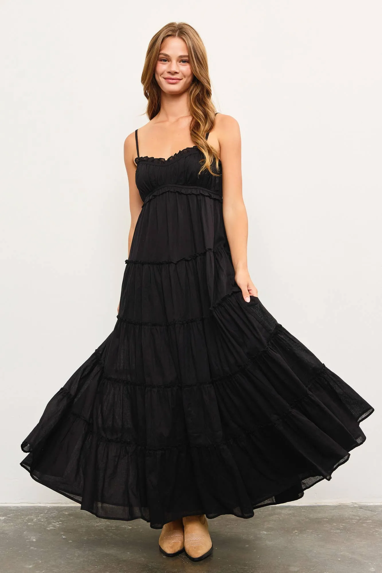 FRONT SHIRRING DETAIL RUFFLE TIERED FRILL SLEEVELESS DRESS