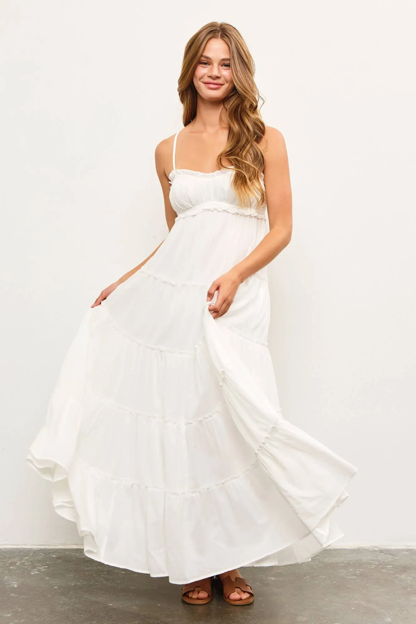 FRONT SHIRRING DETAIL RUFFLE TIERED FRILL SLEEVELESS DRESS