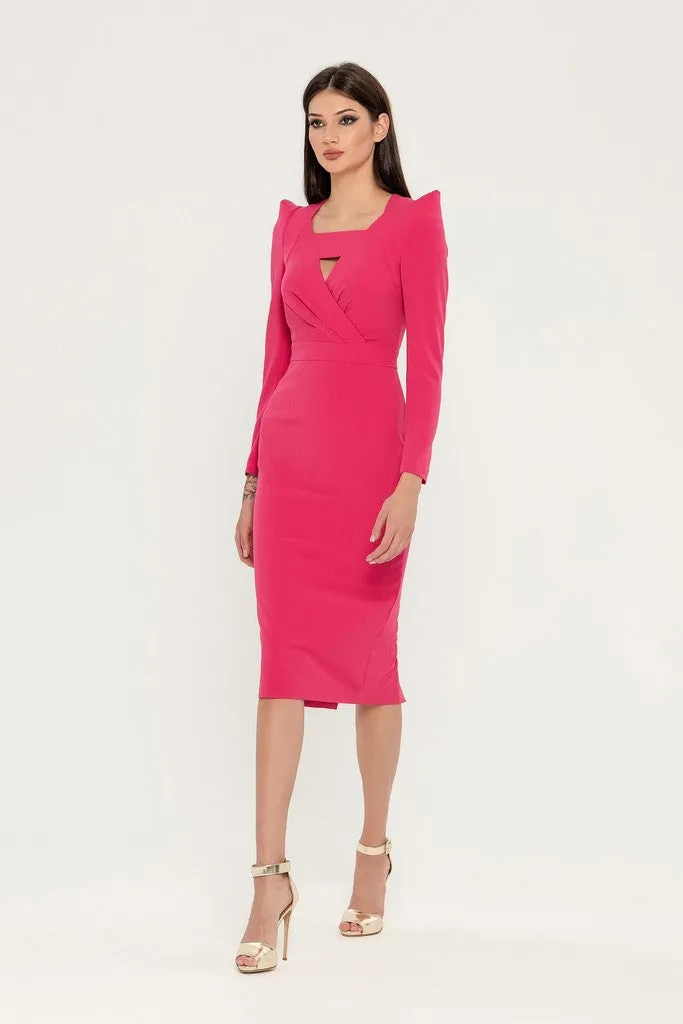 Fuchsia Cocktail Fitted Squareneck Long Sleeve Knee Elegant Dress