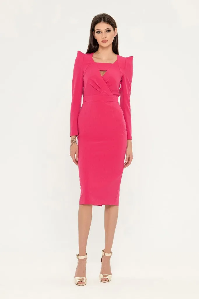 Fuchsia Cocktail Fitted Squareneck Long Sleeve Knee Elegant Dress