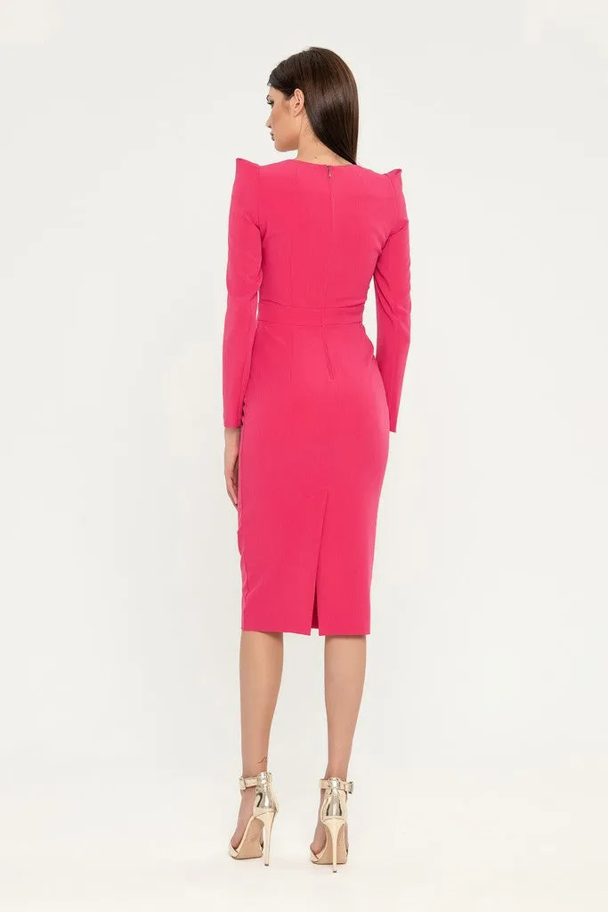 Fuchsia Cocktail Fitted Squareneck Long Sleeve Knee Elegant Dress