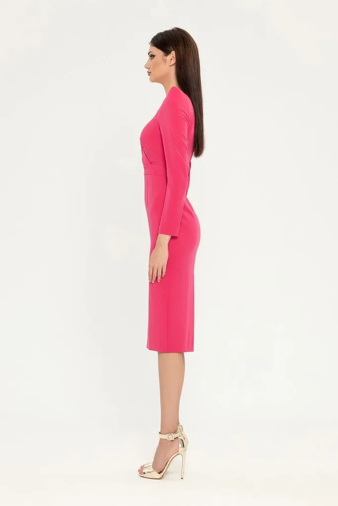 Fuchsia Cocktail Fitted Squareneck Long Sleeve Knee Elegant Dress