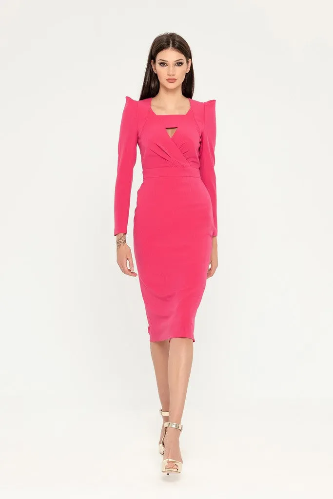 Fuchsia Cocktail Fitted Squareneck Long Sleeve Knee Elegant Dress