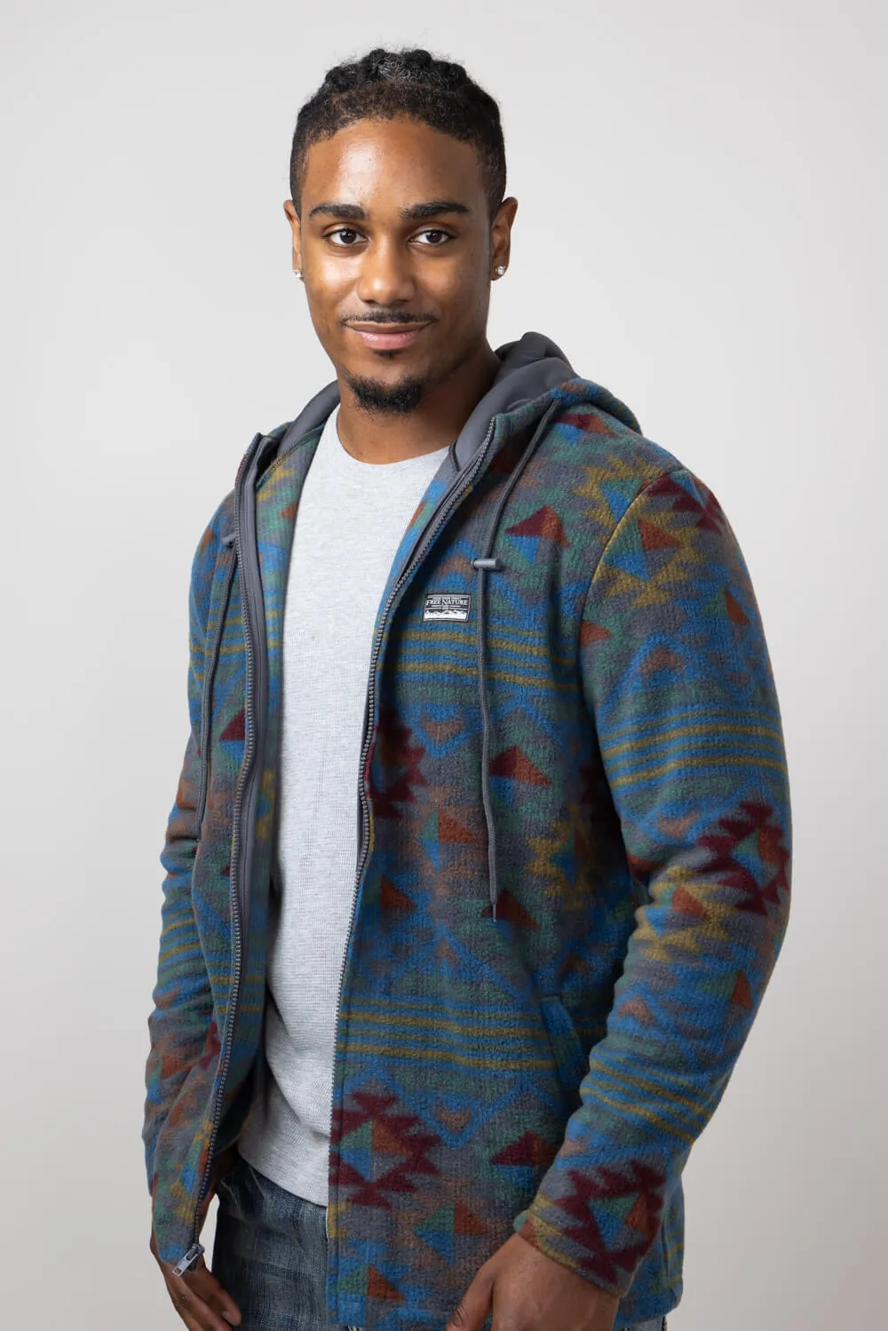 Geo Print Full Zip Hooded Polar Fleece for Men in Raven Multi | FJ36 MP853-BLUEMULTI