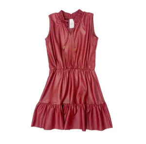 Girls Sleeveless V Neck Dress w/Smocked Collar Detail - Mauve