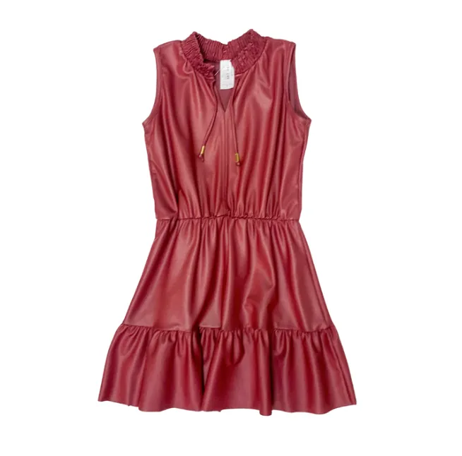 Girls Sleeveless V Neck Dress w/Smocked Collar Detail - Mauve