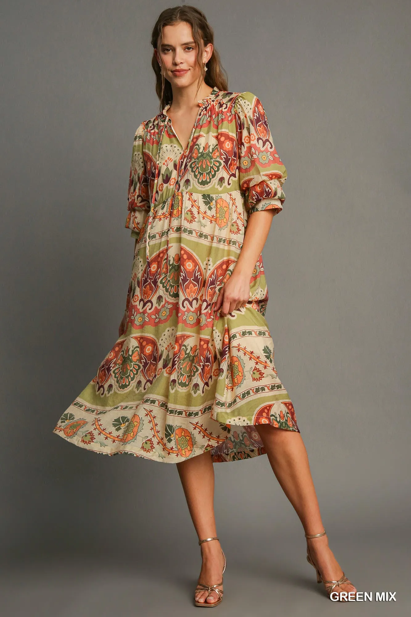 Green, Cream & Rust Border Print Dress