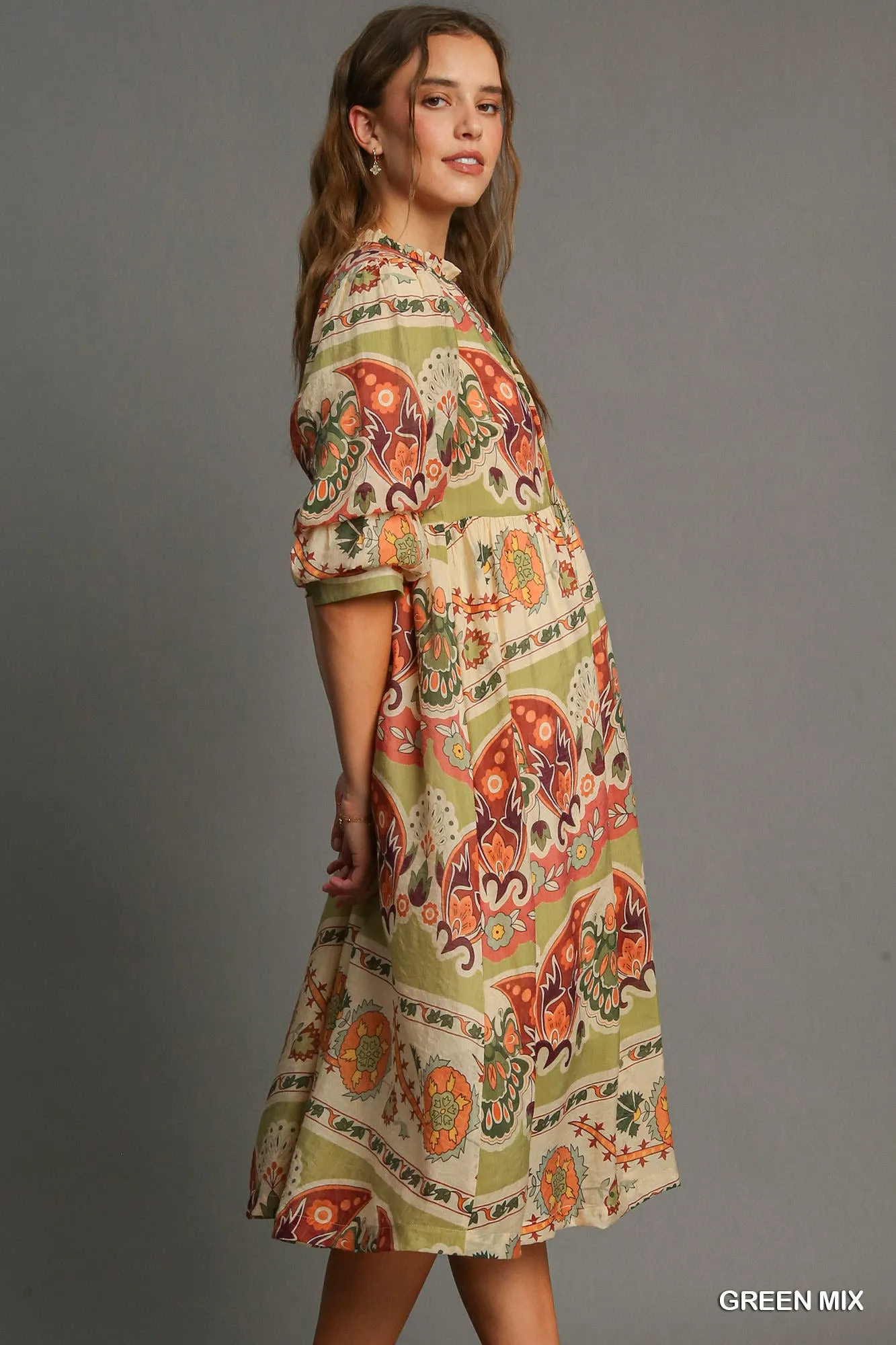 Green, Cream & Rust Border Print Dress