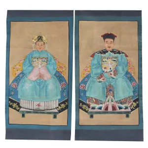 Hand-Painted Qing Dynasty Ancestors in Blue Dresses Wall Canvas Art