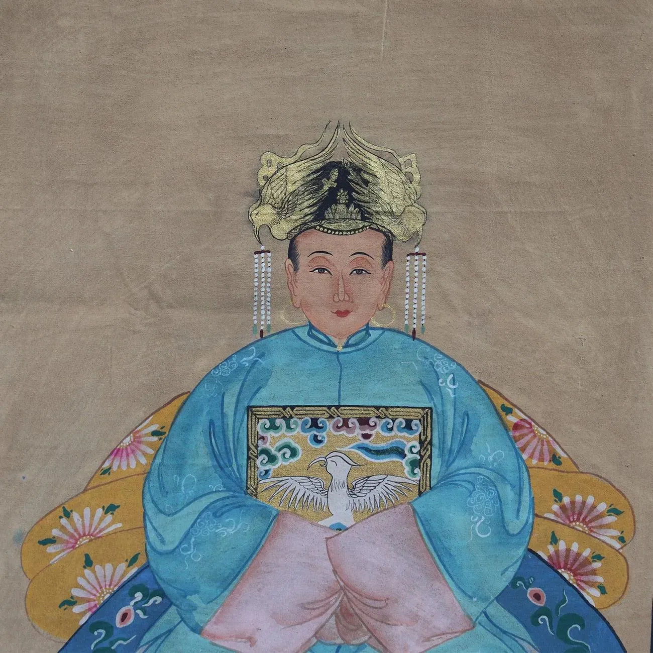 Hand-Painted Qing Dynasty Ancestors in Blue Dresses Wall Canvas Art