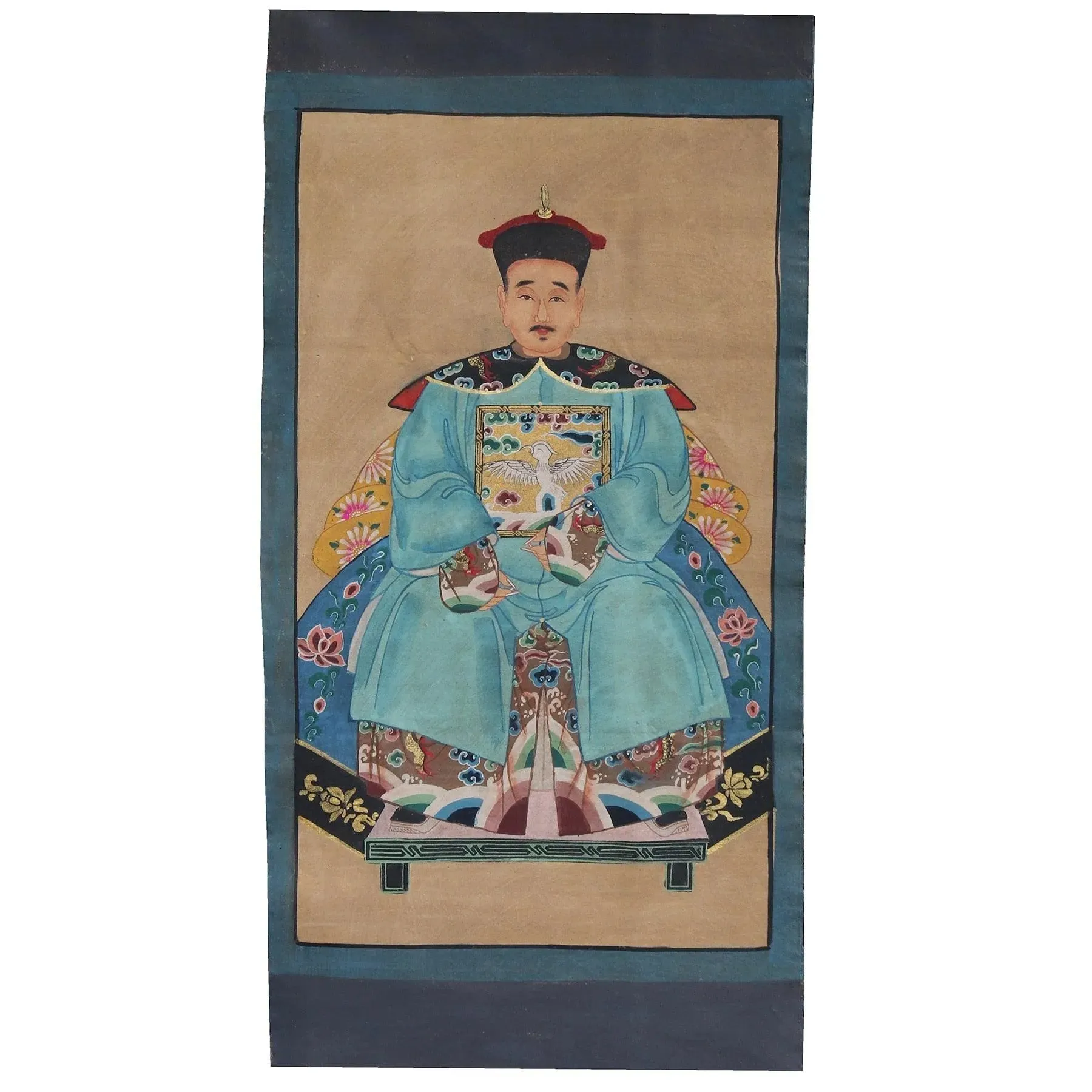 Hand-Painted Qing Dynasty Ancestors in Blue Dresses Wall Canvas Art