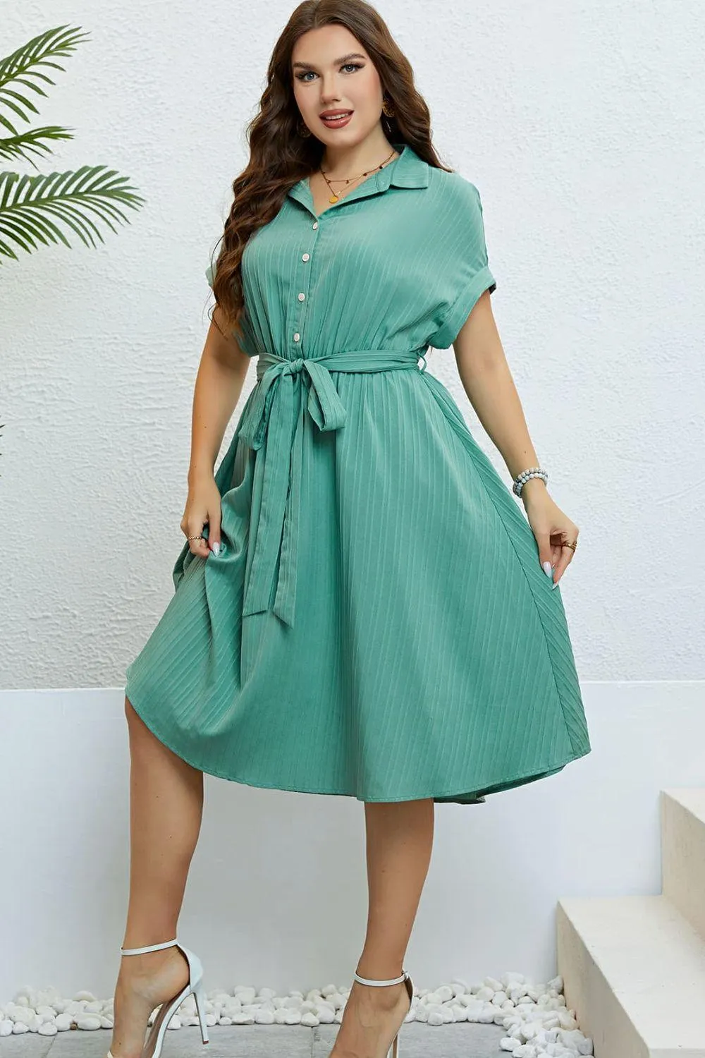 Hazel Blues® |  Buttoned Tie-Waist Shirt Dress
