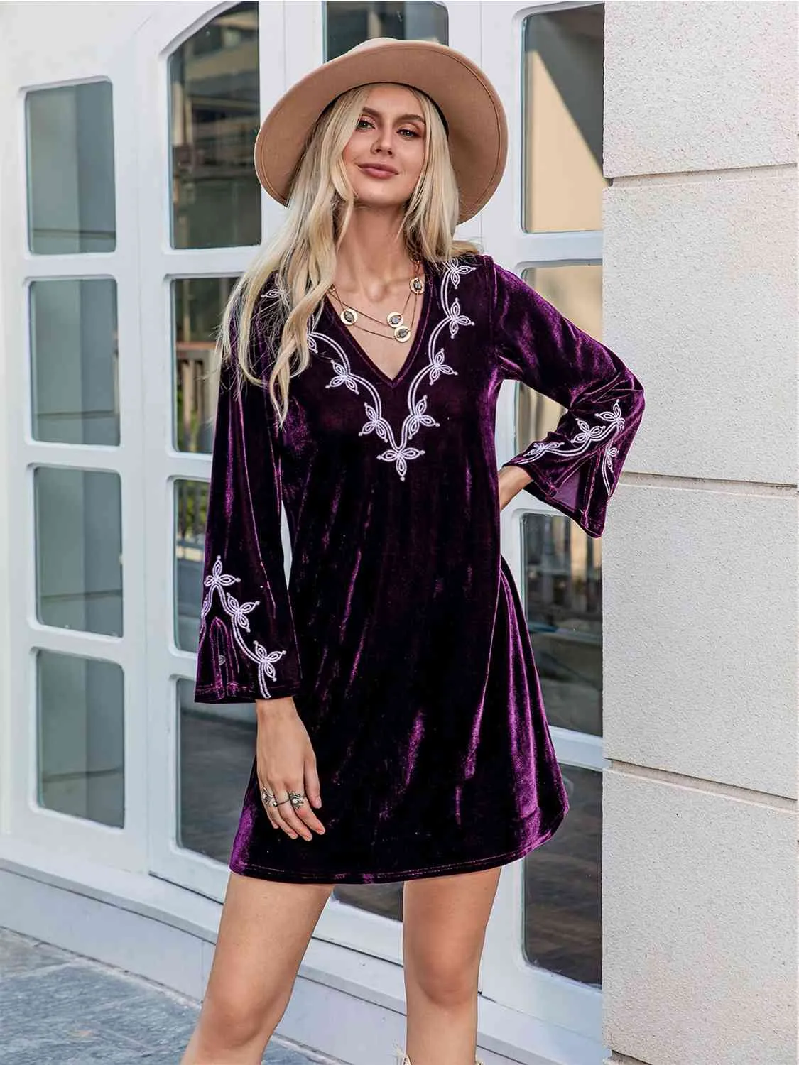 Hazel Blues® |  V-Neck Long Slit Sleeve Mini Dress