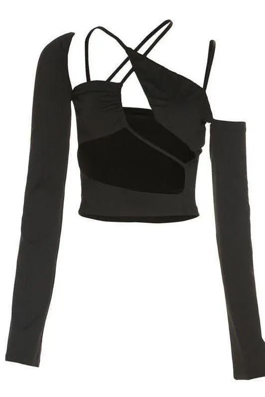 Hollow one-shoulder long-sleeved top