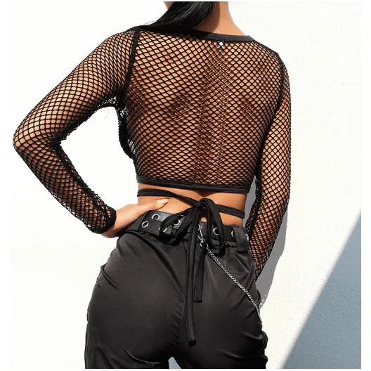Hollow straps mesh T-shirt