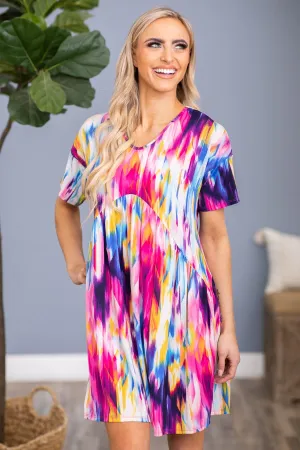 Hot Pink and Cobalt Multicolor Tie Dye Dress