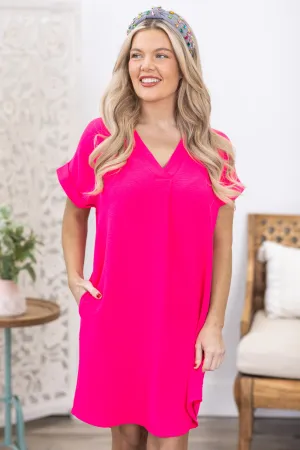 Hot Pink Short Sleeve V-Neck Woven Dress