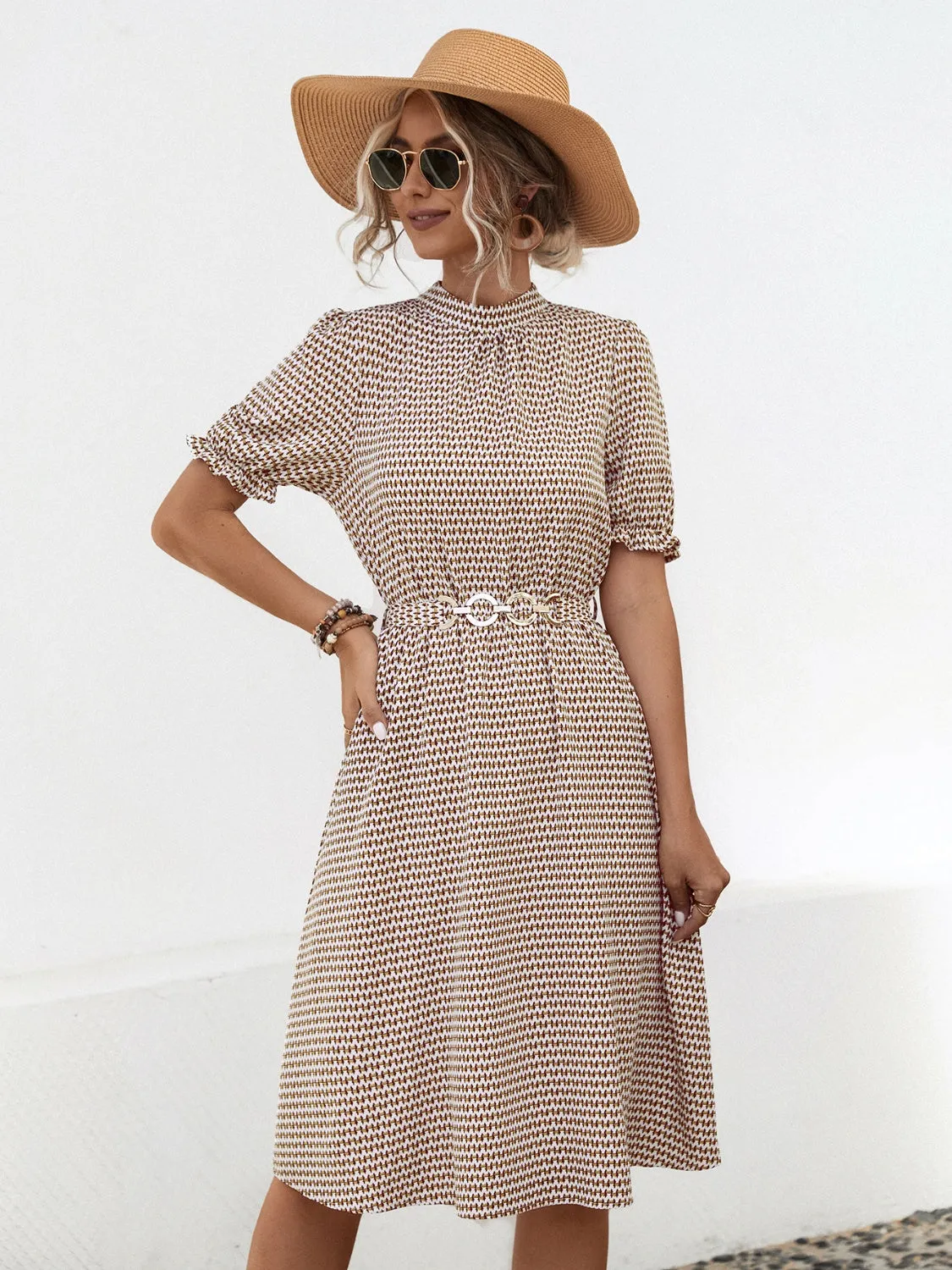 Ingrid Printed Mock Neck Flounce Sleeve Dress