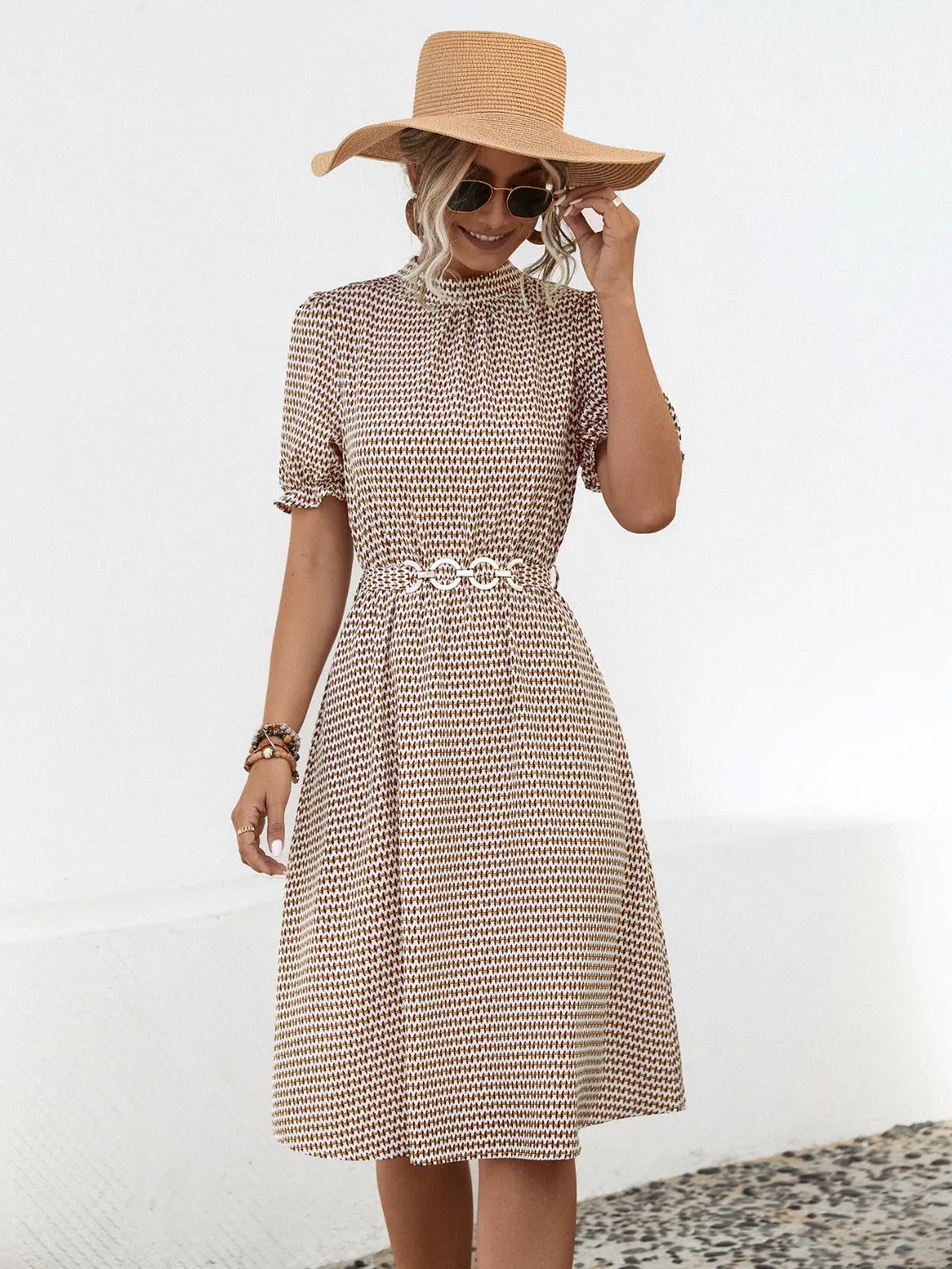 Ingrid Printed Mock Neck Flounce Sleeve Dress