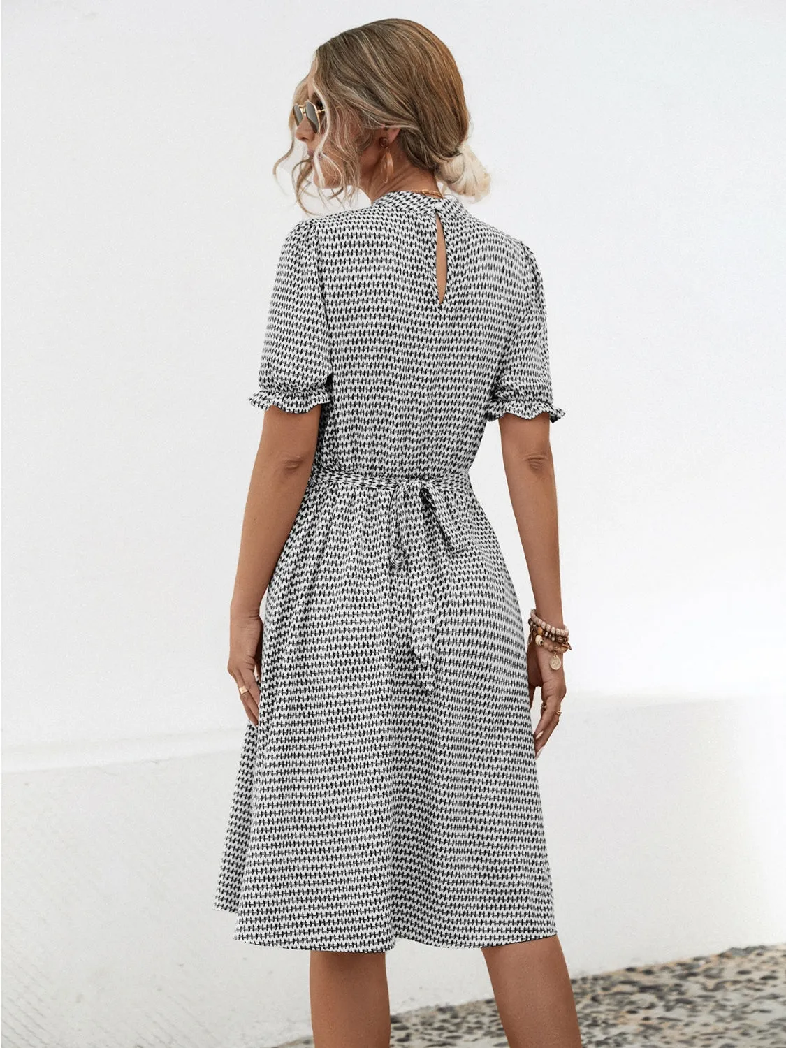 Ingrid Printed Mock Neck Flounce Sleeve Dress