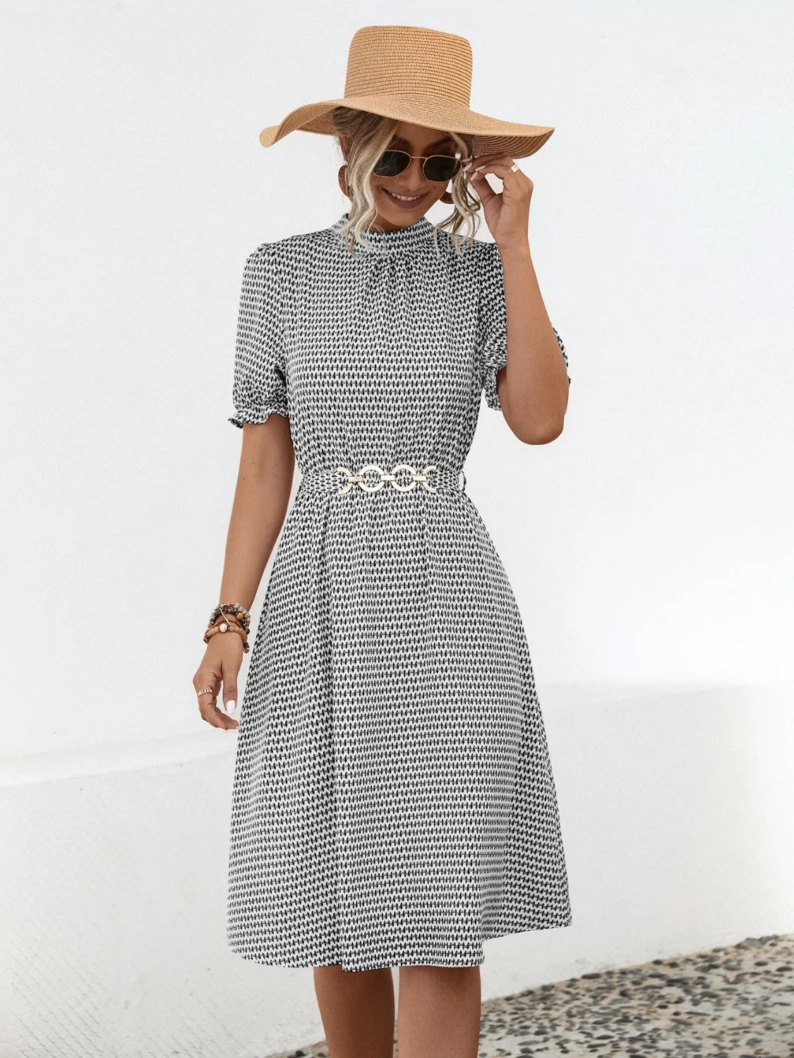 Ingrid Printed Mock Neck Flounce Sleeve Dress