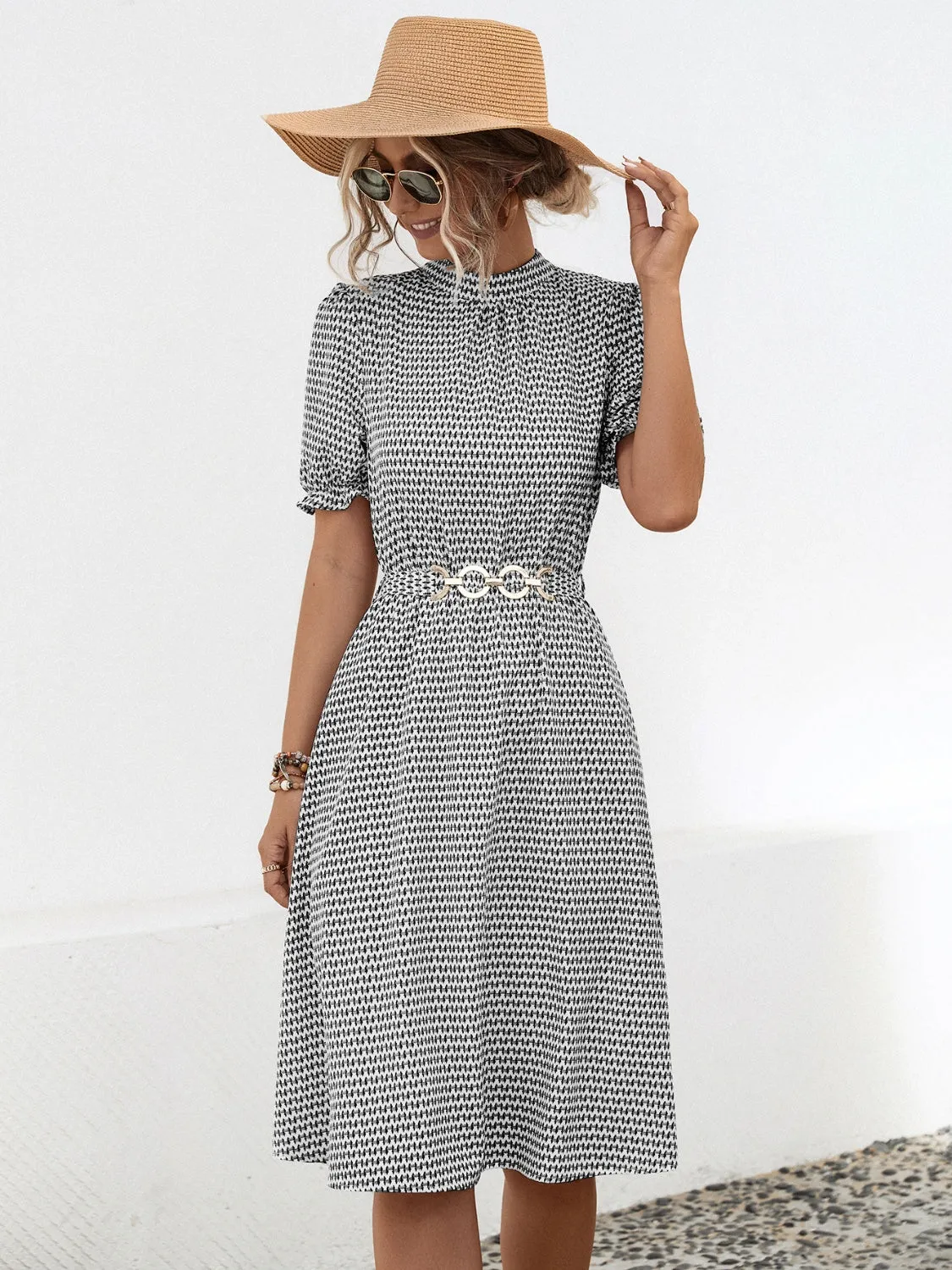 Ingrid Printed Mock Neck Flounce Sleeve Dress