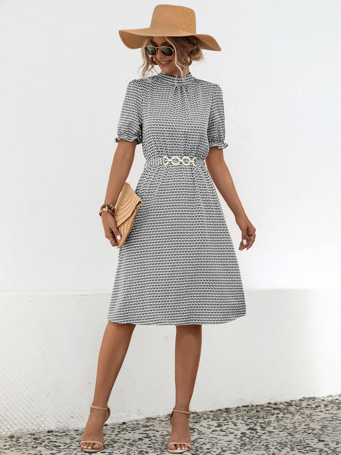 Ingrid Printed Mock Neck Flounce Sleeve Dress
