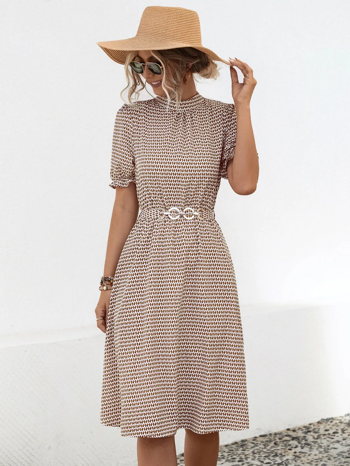Ingrid Printed Mock Neck Flounce Sleeve Dress
