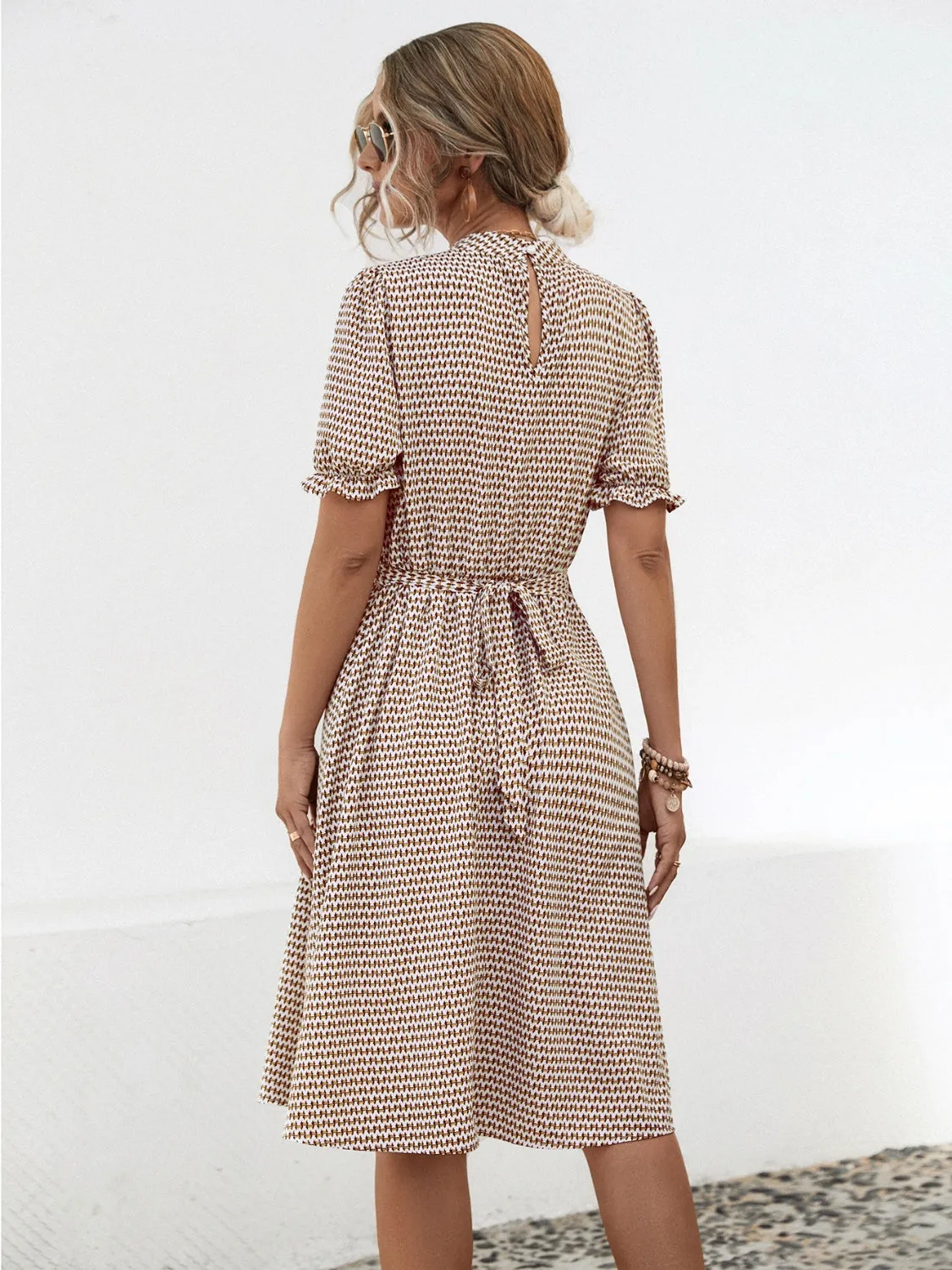 Ingrid Printed Mock Neck Flounce Sleeve Dress