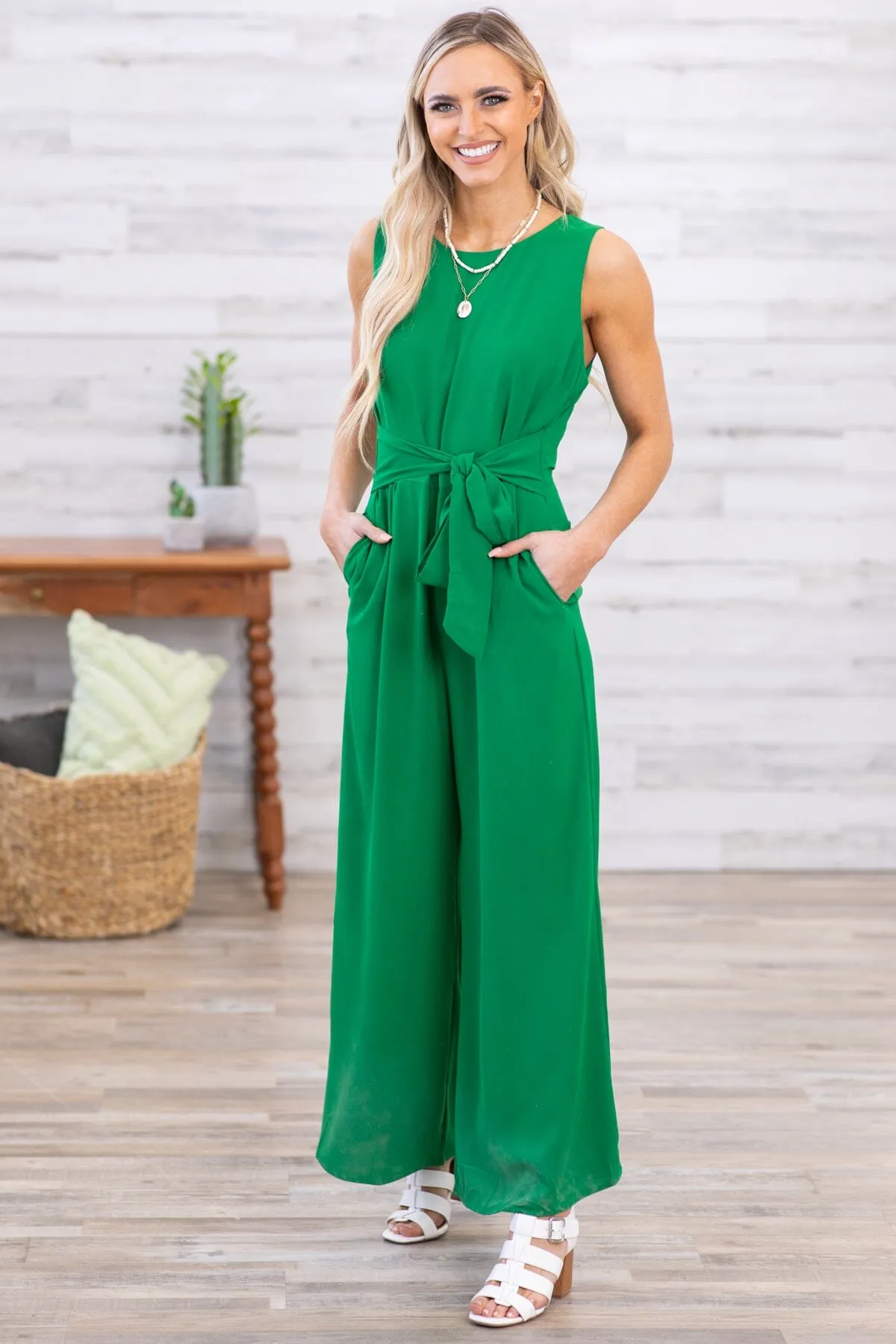 Jade Self Tie Waist Wide Leg Jumpsuit
