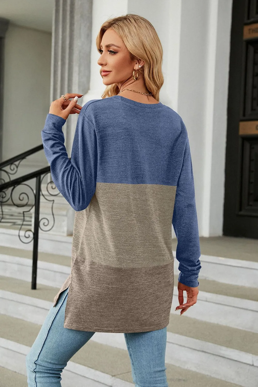 KHD Color Block Round Neck Long Sleeve Slit Top (7 Colors)