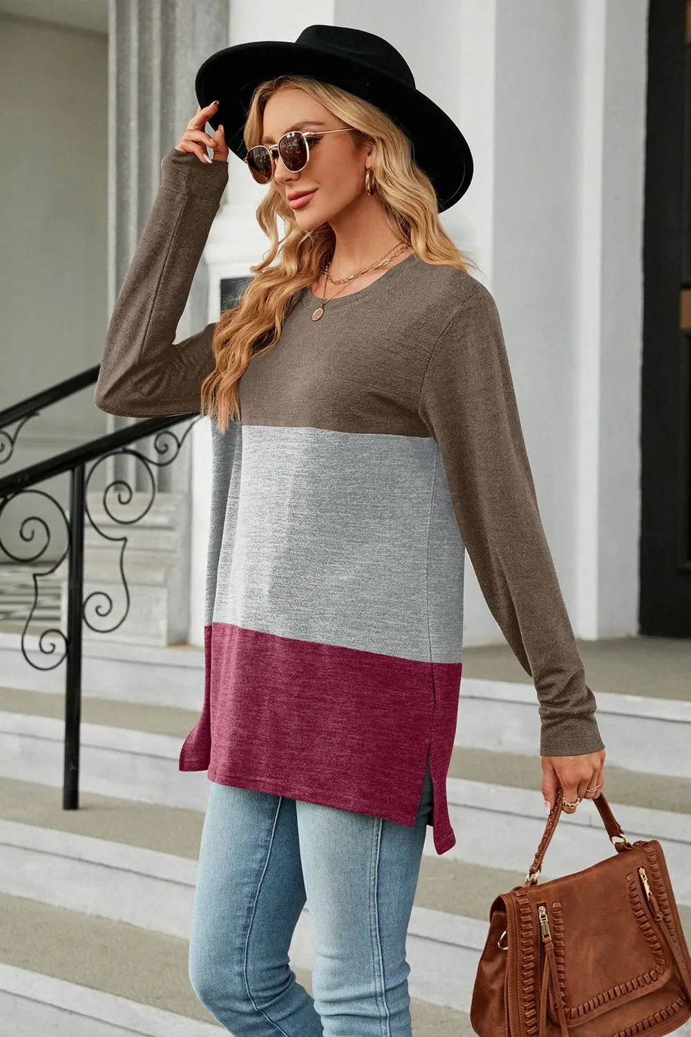 KHD Color Block Round Neck Long Sleeve Slit Top (7 Colors)