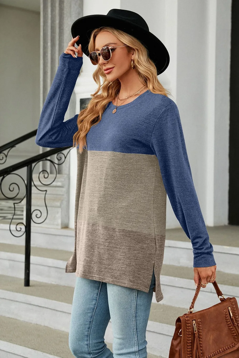 KHD Color Block Round Neck Long Sleeve Slit Top (7 Colors)