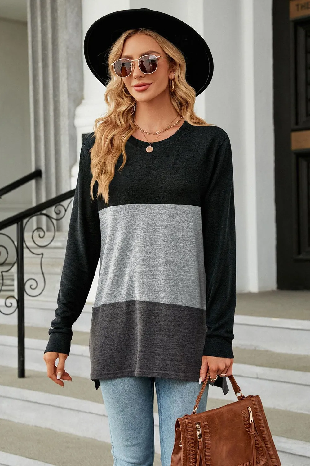KHD Color Block Round Neck Long Sleeve Slit Top (7 Colors)
