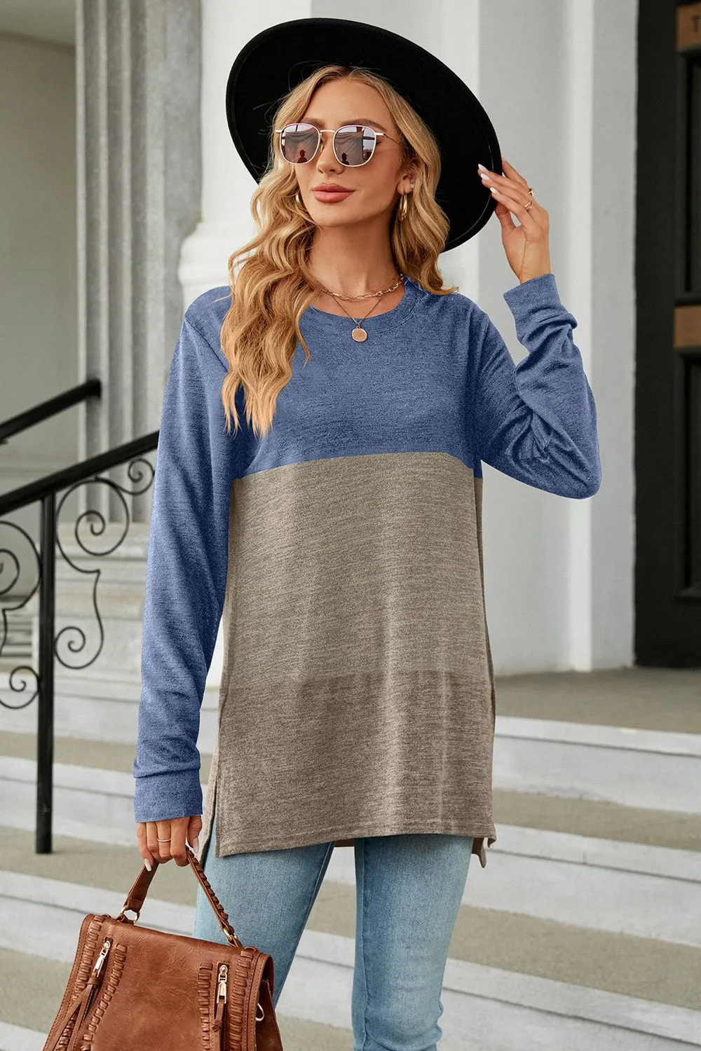 KHD Color Block Round Neck Long Sleeve Slit Top (7 Colors)