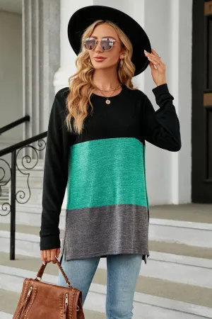 KHD Color Block Round Neck Long Sleeve Slit Top (7 Colors)