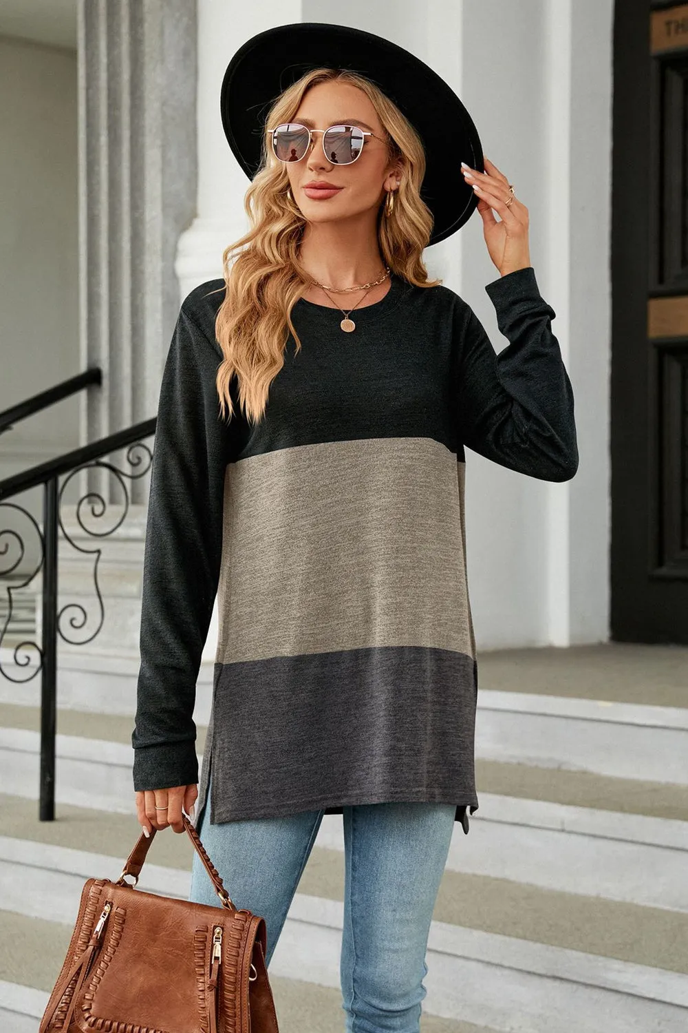 KHD Color Block Round Neck Long Sleeve Slit Top (7 Colors)