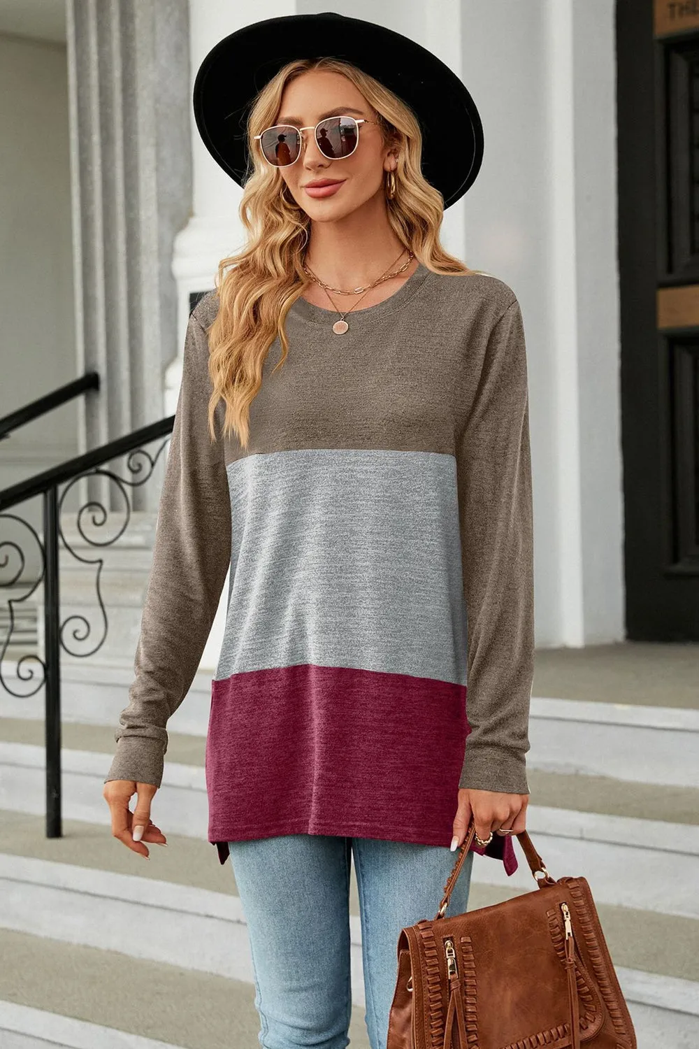 KHD Color Block Round Neck Long Sleeve Slit Top (7 Colors)