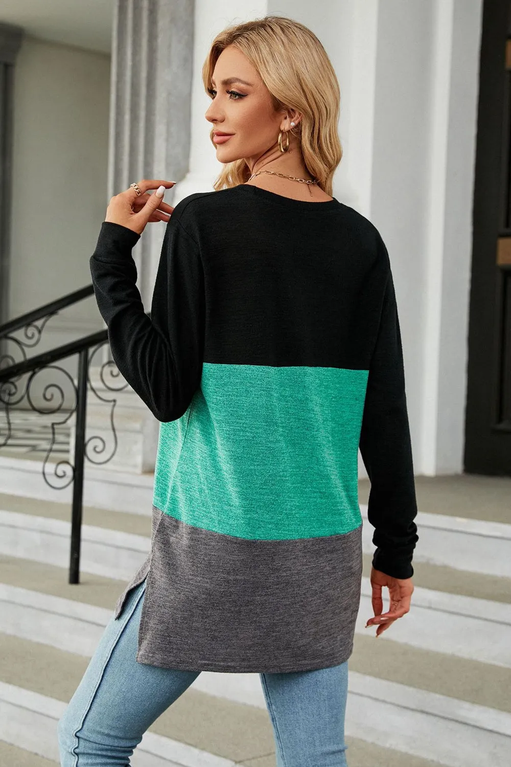 KHD Color Block Round Neck Long Sleeve Slit Top (7 Colors)